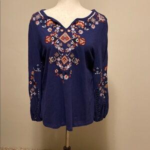 Elegant Soft Surroundings Navy Blue Embroidered 3/4 sleeve Tunic